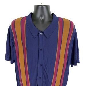 PJ Paul Jones Mens 3XL Knit‎ Button Down Shirt Navy Blue Striped Retro Mod Polo